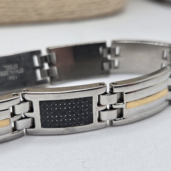 Men Stainless Steel Black Carbon 18K GP Three Tone Link Bracelet Signed Alpine - Picture 11 of 12